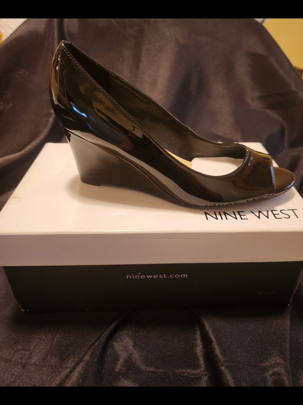 Nine West Black Patent Peep-Toe Wedge